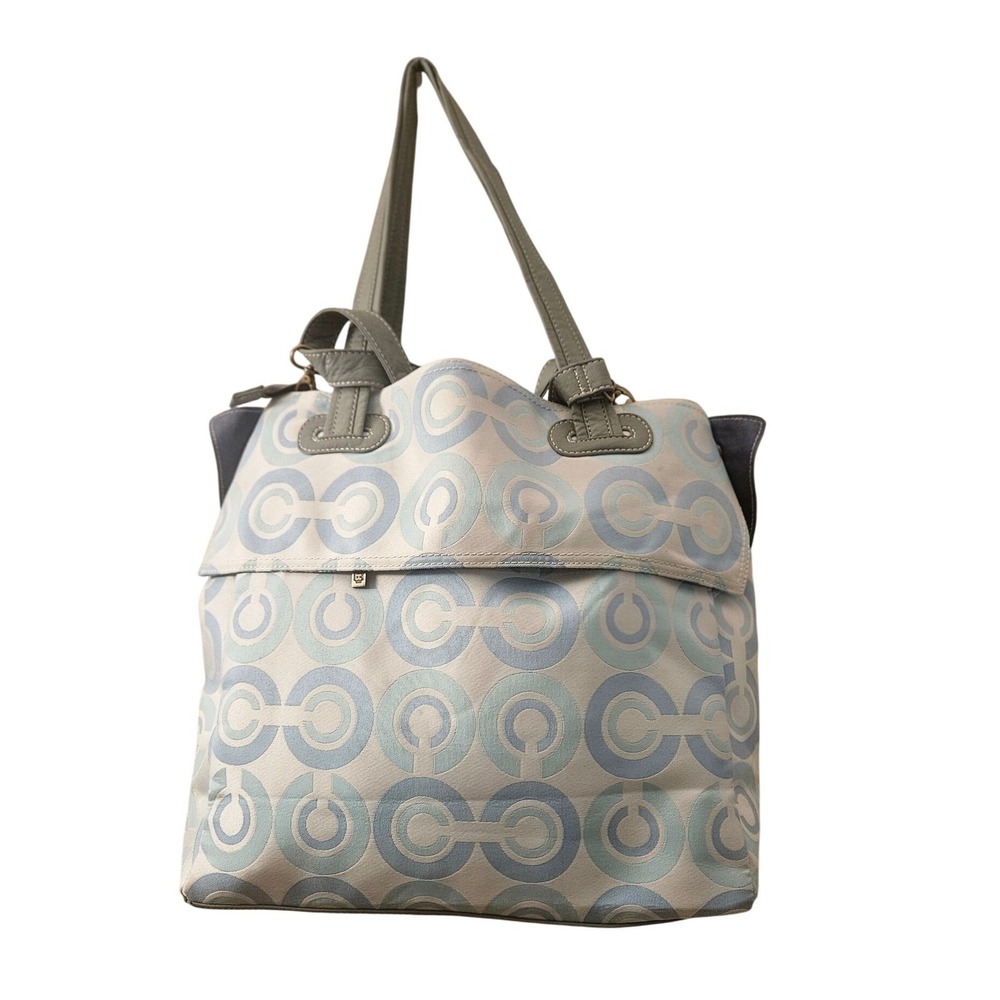 Coach Signature Op Art Print Tote Bag Gray Leather Trim Shoulder Handbag Purse - Picture 4 of 10